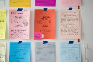 Brightly coloured pieces of paper with writing on to depict Cheat Sheets
