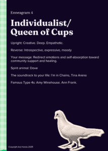 Collage-style artwork with a dark background. At the top, white text reads 'Individualist/Queen of Cups.' A dove is on the bottom right. A green and white checkered pattern runs along the left edge. Upright: Creative. Deep. Empathetic. Reverse: Introspective, expressive, moody Your message: Redirect emotions and self-absorption toward community support and healing. Spirit animal: Dove The soundtrack to your life: I’m in Chains, Tina Arena Famous Type 4s: Amy Winehouse. Ann Frank.