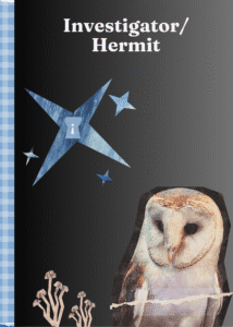 Collage-style artwork with a black and grey gradient background. At the top, white text reads 'Investigator/Hermit.' Three blue star shapes are present, the largest containing a keyhole symbol. An owl is in the bottom right corner, and mushrooms are illustrated in the bottom left. A blue and white checkered pattern runs along the left edge.
