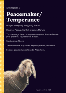 A stylized card with a dark background. At the top, the words “Peacemaker/Temperance” appear in white. To the left is a sheep wearing sunglasses. A vertical yellow strip with white stars runs along the left edge of the card. Upright: Accepting. Easygoing. Stable. Reverse: Passive. Conflict-avoidant. Martyrs. Your message: Learn to say no to requests that conflict with your priorities. Your consent matters. Spirit animal: Sheep. The soundtrack to your life: Express yourself, Madonna. Famous Type 6s: Ariana Grande. Alicia Keys.