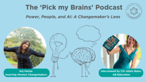 Cover image for Pick My Brains podcast with Anj Handa, a midlife brown woman and Adele Bates, a midlife white woman