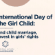 Graphic reading “International Day of the Girl Child: End child marriage, invest in girls’ rights”, with the Inspiring Women Changemakers logo. On the right, a strip of red bridal fabric edged with gold sequins.